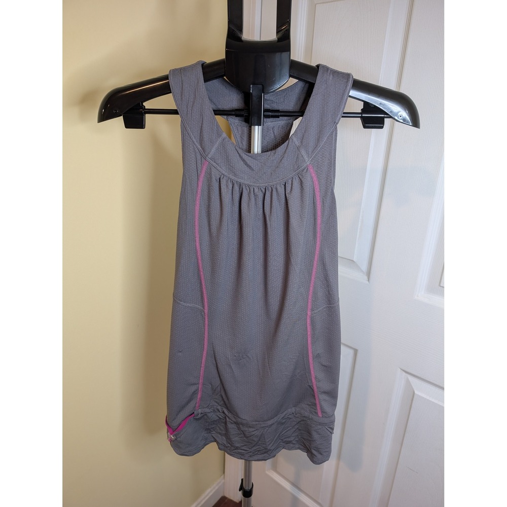 Lululemon Run Race Tech Tank Top 6 Gray Pink Toggle Cinch Hem